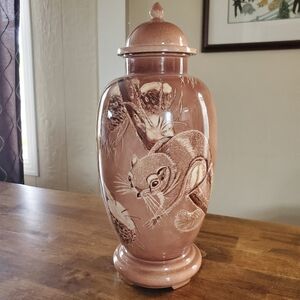 Ceramic Lidded Vase with Squirrel and Jay Motif